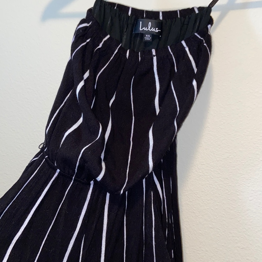 Lulus strapless black/white striped Midi Jumpsuit